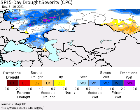Russian Federation SPI 5-Day Drought Severity (CPC) Thematic Map For 11/6/2021 - 11/10/2021