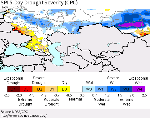 Russian Federation SPI 5-Day Drought Severity (CPC) Thematic Map For 11/11/2021 - 11/15/2021