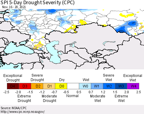 Russian Federation SPI 5-Day Drought Severity (CPC) Thematic Map For 11/16/2021 - 11/20/2021