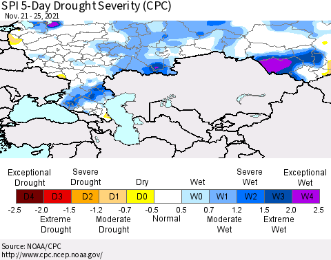 Russian Federation SPI 5-Day Drought Severity (CPC) Thematic Map For 11/21/2021 - 11/25/2021