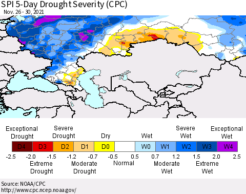 Russian Federation SPI 5-Day Drought Severity (CPC) Thematic Map For 11/26/2021 - 11/30/2021