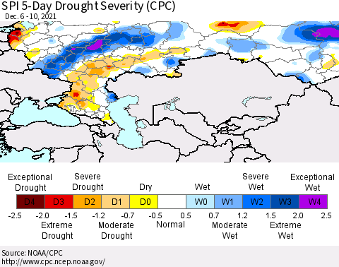 Russian Federation SPI 5-Day Drought Severity (CPC) Thematic Map For 12/6/2021 - 12/10/2021