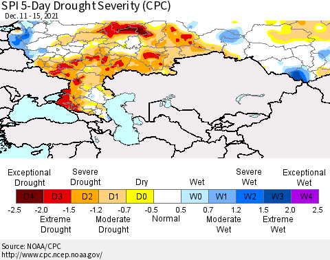 Russian Federation SPI 5-Day Drought Severity (CPC) Thematic Map For 12/11/2021 - 12/15/2021