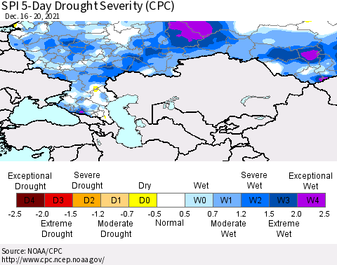 Russian Federation SPI 5-Day Drought Severity (CPC) Thematic Map For 12/16/2021 - 12/20/2021