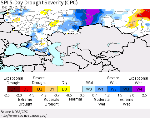 Russian Federation SPI 5-Day Drought Severity (CPC) Thematic Map For 12/21/2021 - 12/25/2021