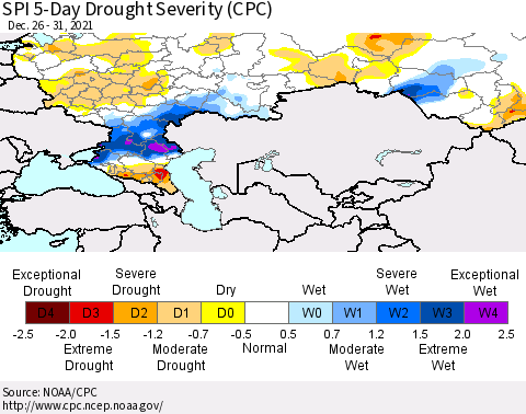 Russian Federation SPI 5-Day Drought Severity (CPC) Thematic Map For 12/26/2021 - 12/31/2021