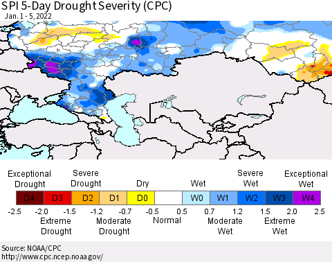 Russian Federation SPI 5-Day Drought Severity (CPC) Thematic Map For 1/1/2022 - 1/5/2022
