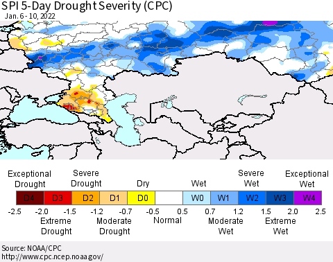 Russian Federation SPI 5-Day Drought Severity (CPC) Thematic Map For 1/6/2022 - 1/10/2022