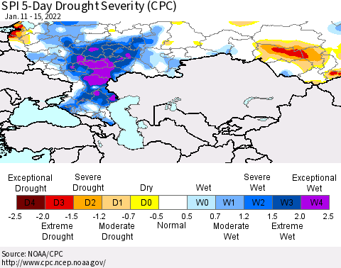 Russian Federation SPI 5-Day Drought Severity (CPC) Thematic Map For 1/11/2022 - 1/15/2022