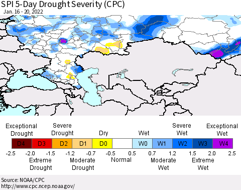 Russian Federation SPI 5-Day Drought Severity (CPC) Thematic Map For 1/16/2022 - 1/20/2022