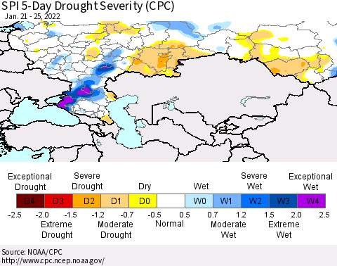 Russian Federation SPI 5-Day Drought Severity (CPC) Thematic Map For 1/21/2022 - 1/25/2022