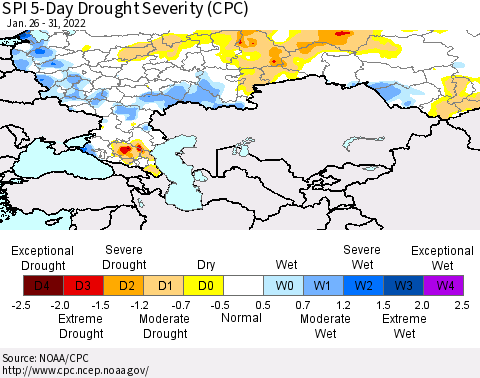 Russian Federation SPI 5-Day Drought Severity (CPC) Thematic Map For 1/26/2022 - 1/31/2022