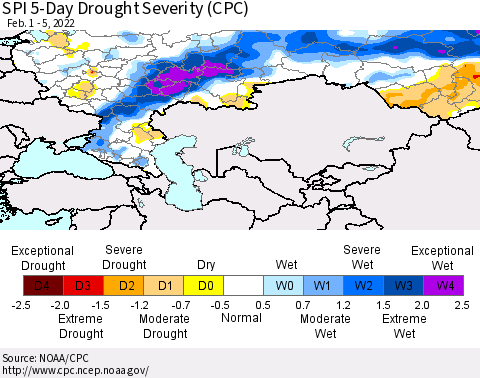 Russian Federation SPI 5-Day Drought Severity (CPC) Thematic Map For 2/1/2022 - 2/5/2022