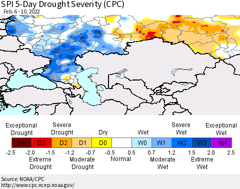 Russian Federation SPI 5-Day Drought Severity (CPC) Thematic Map For 2/6/2022 - 2/10/2022