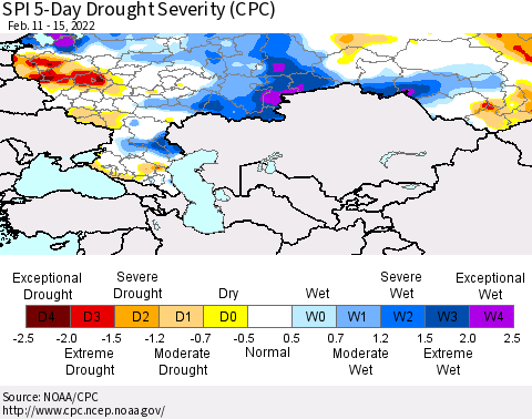 Russian Federation SPI 5-Day Drought Severity (CPC) Thematic Map For 2/11/2022 - 2/15/2022