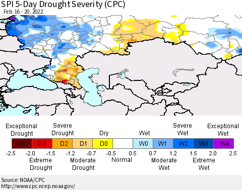 Russian Federation SPI 5-Day Drought Severity (CPC) Thematic Map For 2/16/2022 - 2/20/2022