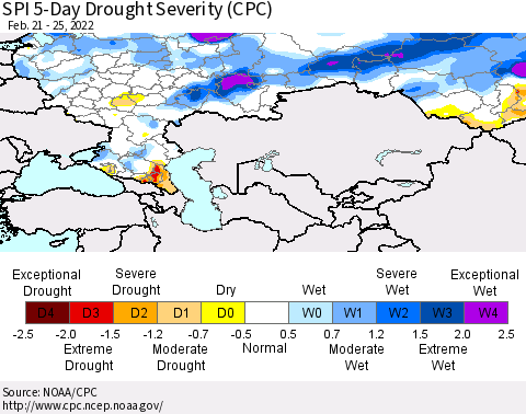 Russian Federation SPI 5-Day Drought Severity (CPC) Thematic Map For 2/21/2022 - 2/25/2022