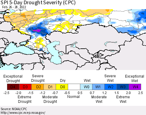 Russian Federation SPI 5-Day Drought Severity (CPC) Thematic Map For 2/26/2022 - 2/28/2022