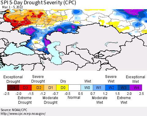 Russian Federation SPI 5-Day Drought Severity (CPC) Thematic Map For 3/1/2022 - 3/5/2022