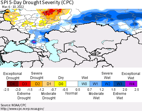 Russian Federation SPI 5-Day Drought Severity (CPC) Thematic Map For 3/6/2022 - 3/10/2022