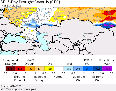 Russian Federation SPI 5-Day Drought Severity (CPC) Thematic Map For 3/11/2022 - 3/15/2022