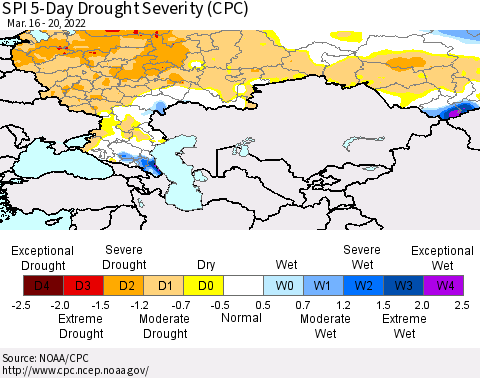 Russian Federation SPI 5-Day Drought Severity (CPC) Thematic Map For 3/16/2022 - 3/20/2022