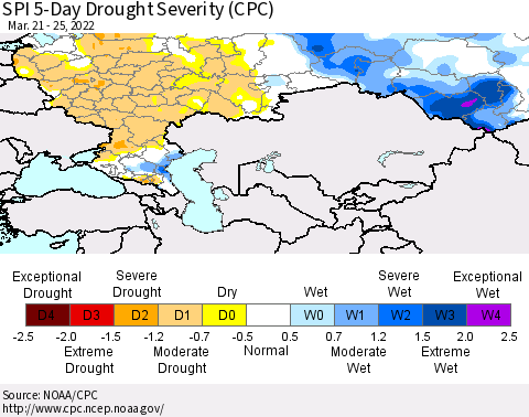 Russian Federation SPI 5-Day Drought Severity (CPC) Thematic Map For 3/21/2022 - 3/25/2022