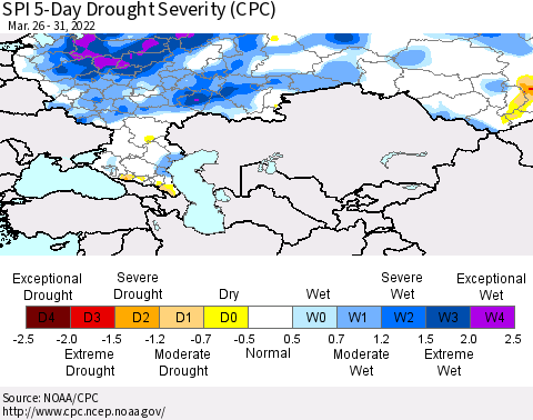Russian Federation SPI 5-Day Drought Severity (CPC) Thematic Map For 3/26/2022 - 3/31/2022