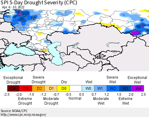 Russian Federation SPI 5-Day Drought Severity (CPC) Thematic Map For 4/6/2022 - 4/10/2022