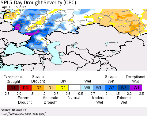Russian Federation SPI 5-Day Drought Severity (CPC) Thematic Map For 4/11/2022 - 4/15/2022