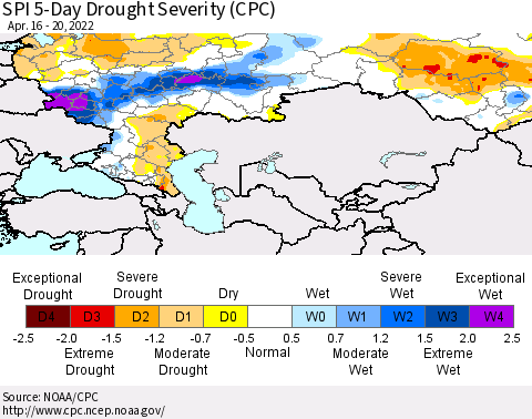 Russian Federation SPI 5-Day Drought Severity (CPC) Thematic Map For 4/16/2022 - 4/20/2022