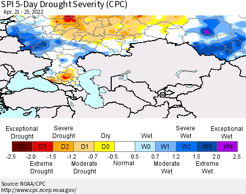 Russian Federation SPI 5-Day Drought Severity (CPC) Thematic Map For 4/21/2022 - 4/25/2022