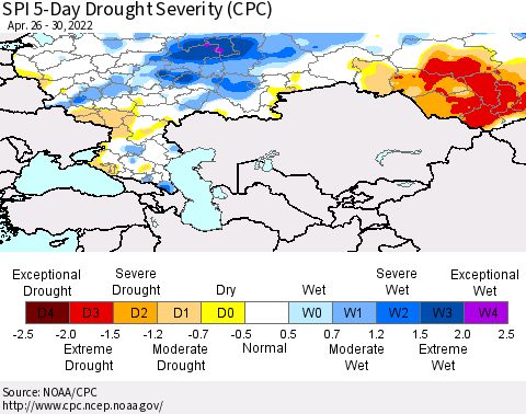 Russian Federation SPI 5-Day Drought Severity (CPC) Thematic Map For 4/26/2022 - 4/30/2022