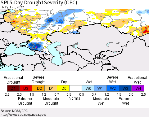 Russian Federation SPI 5-Day Drought Severity (CPC) Thematic Map For 5/1/2022 - 5/5/2022