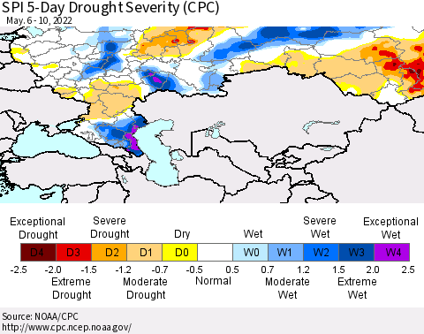Russian Federation SPI 5-Day Drought Severity (CPC) Thematic Map For 5/6/2022 - 5/10/2022