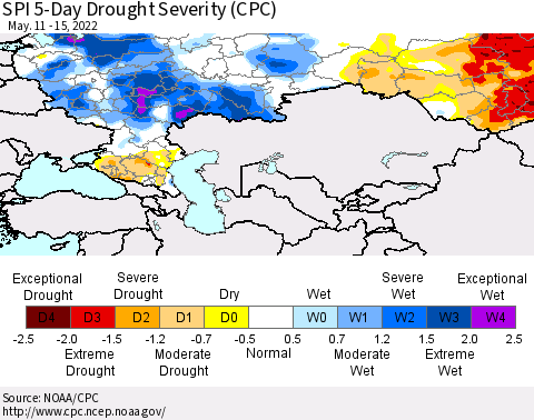 Russian Federation SPI 5-Day Drought Severity (CPC) Thematic Map For 5/11/2022 - 5/15/2022