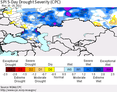 Russian Federation SPI 5-Day Drought Severity (CPC) Thematic Map For 5/16/2022 - 5/20/2022