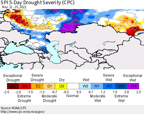 Russian Federation SPI 5-Day Drought Severity (CPC) Thematic Map For 5/21/2022 - 5/25/2022