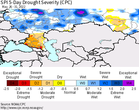 Russian Federation SPI 5-Day Drought Severity (CPC) Thematic Map For 5/26/2022 - 5/31/2022
