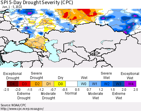 Russian Federation SPI 5-Day Drought Severity (CPC) Thematic Map For 6/1/2022 - 6/5/2022