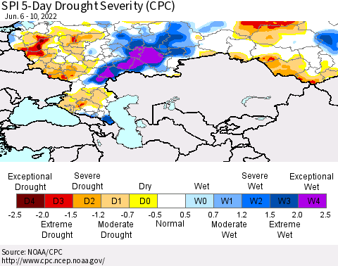 Russian Federation SPI 5-Day Drought Severity (CPC) Thematic Map For 6/6/2022 - 6/10/2022