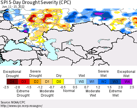 Russian Federation SPI 5-Day Drought Severity (CPC) Thematic Map For 6/11/2022 - 6/15/2022