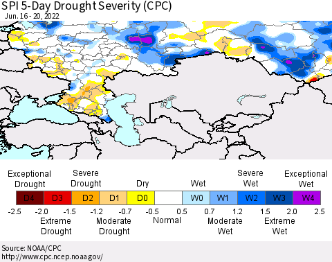 Russian Federation SPI 5-Day Drought Severity (CPC) Thematic Map For 6/16/2022 - 6/20/2022