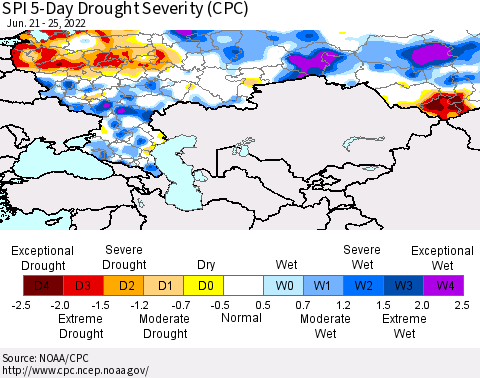 Russian Federation SPI 5-Day Drought Severity (CPC) Thematic Map For 6/21/2022 - 6/25/2022
