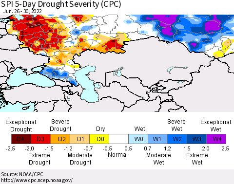 Russian Federation SPI 5-Day Drought Severity (CPC) Thematic Map For 6/26/2022 - 6/30/2022