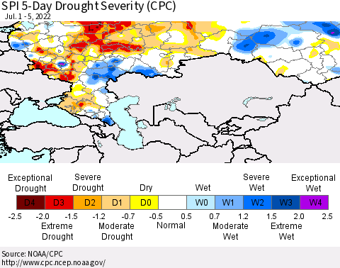 Russian Federation SPI 5-Day Drought Severity (CPC) Thematic Map For 7/1/2022 - 7/5/2022