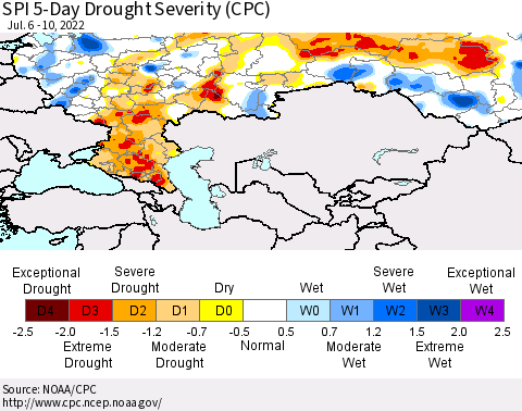 Russian Federation SPI 5-Day Drought Severity (CPC) Thematic Map For 7/6/2022 - 7/10/2022