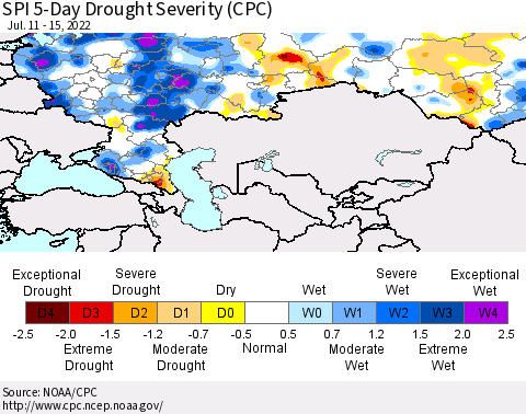 Russian Federation SPI 5-Day Drought Severity (CPC) Thematic Map For 7/11/2022 - 7/15/2022