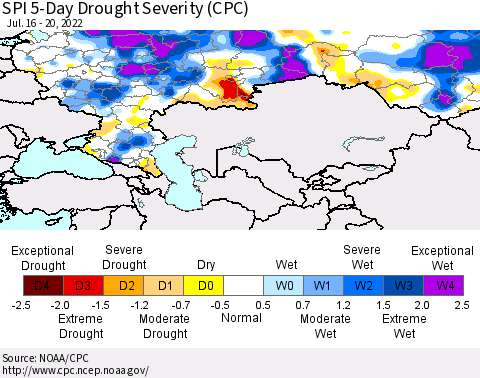 Russian Federation SPI 5-Day Drought Severity (CPC) Thematic Map For 7/16/2022 - 7/20/2022