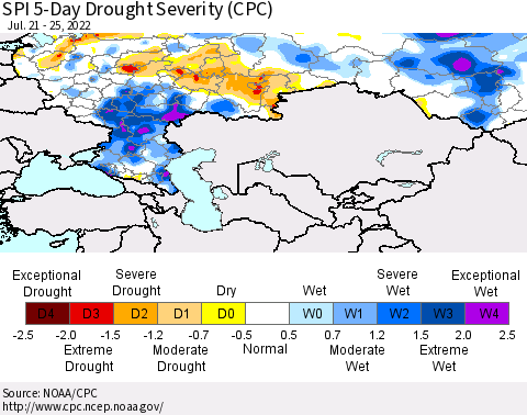 Russian Federation SPI 5-Day Drought Severity (CPC) Thematic Map For 7/21/2022 - 7/25/2022